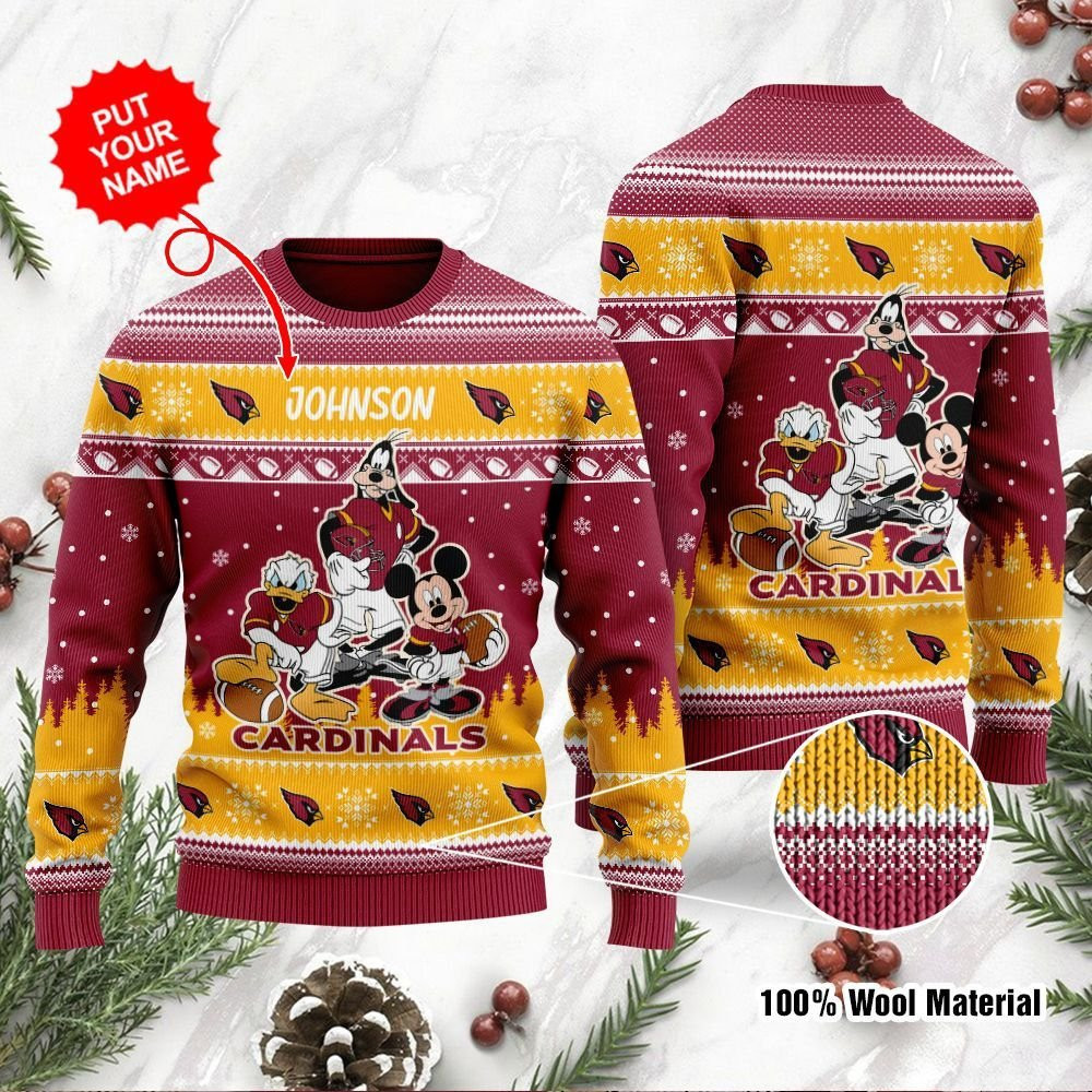Arizona Cardinals Disney Donald Duck Mickey Mouse Goofy Personalized Ugly Christmas Sweater Adult 3D Funny Matching for family