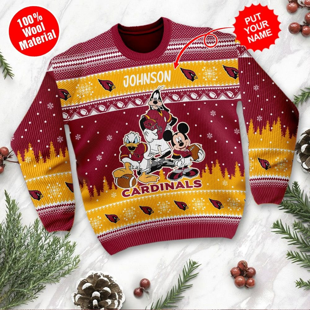 Arizona Cardinals Disney Donald Duck Mickey Mouse Goofy Personalized Ugly Christmas Sweater Adult 3D Funny Matching for family - Image 2