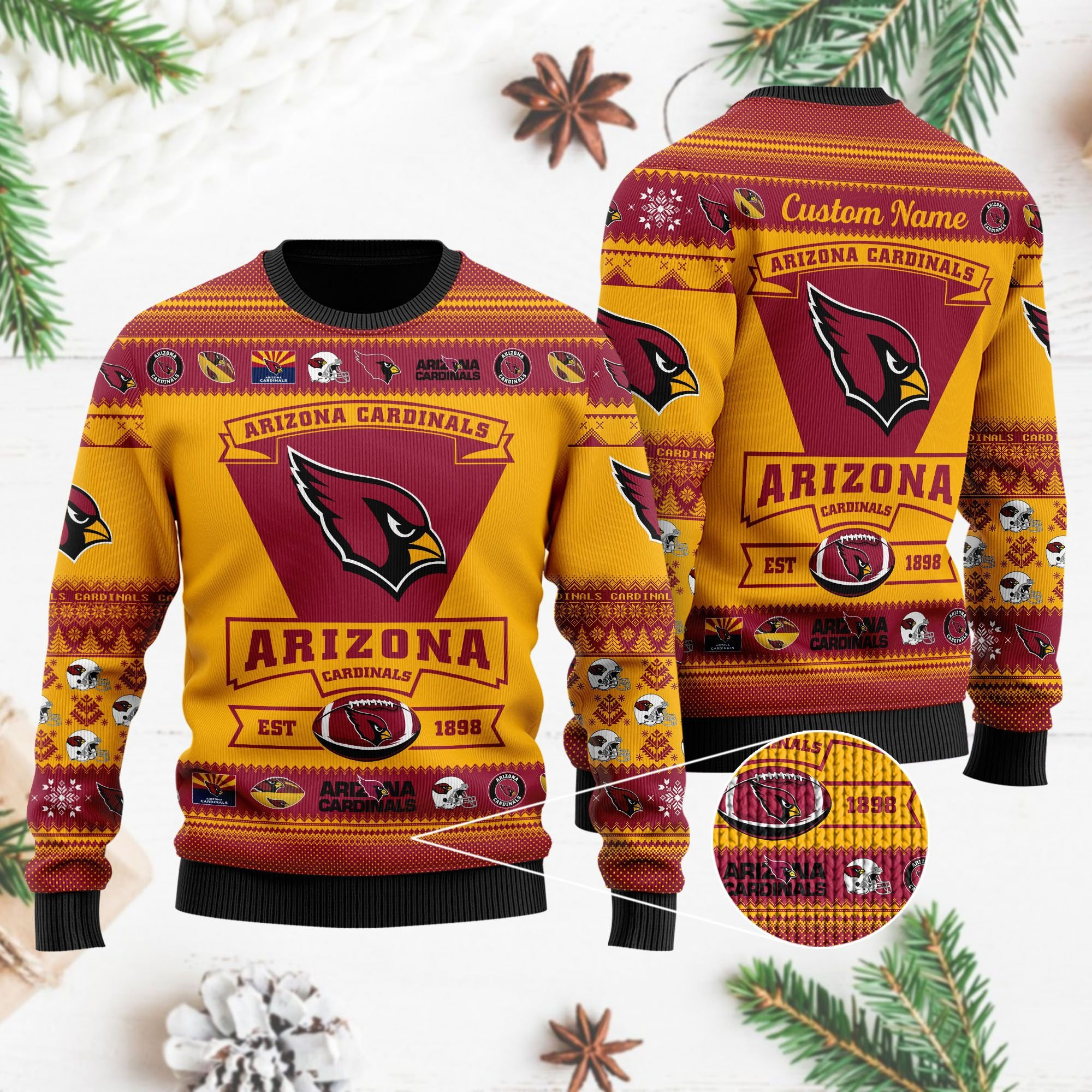 Arizona Cardinals Football Team Logo Custom Name Personalized Ugly Christmas Sweater Adult 3D Funny Matching for family