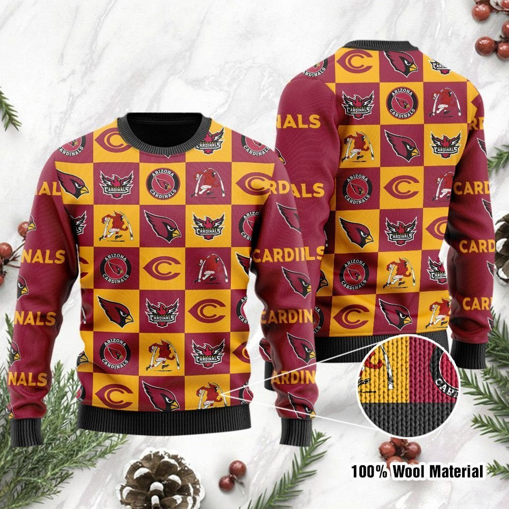 Arizona Cardinals Logo Checkered Flannel Design Ugly Christmas Sweater Adult 3D Funny Matching for family