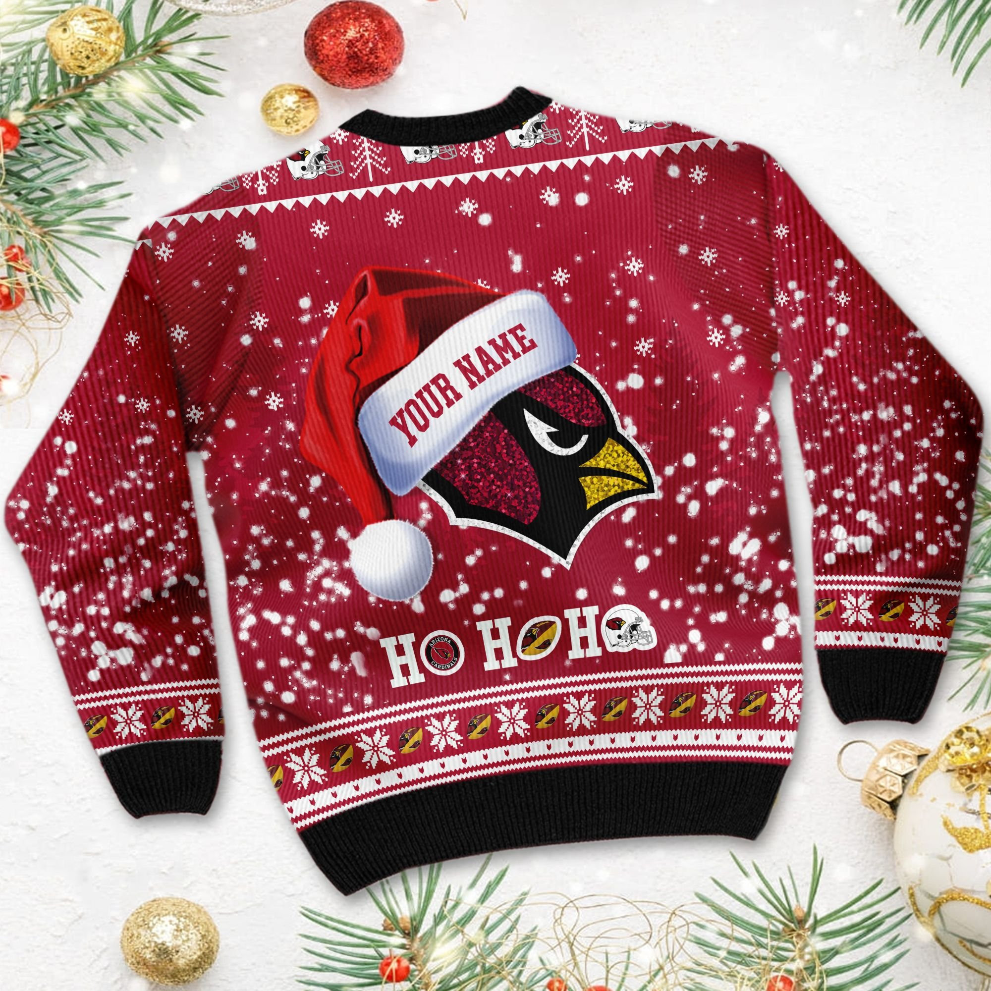 Arizona Cardinals Symbol Wearing Santa Claus Hat Ho Ho Ho Custom Personalized Ugly Christmas Sweater Adult 3D Funny Matching for family - Image 4
