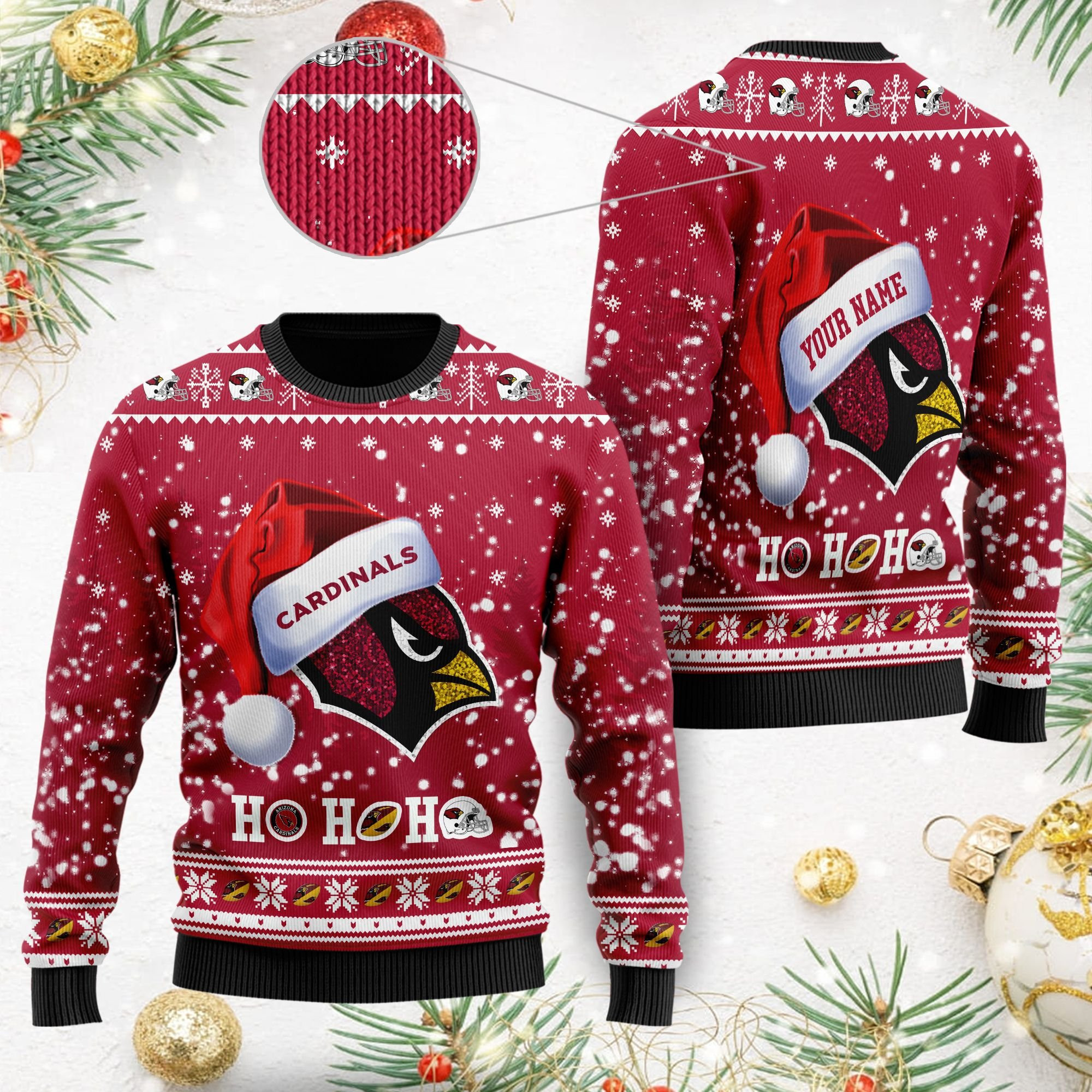 Arizona Cardinals Symbol Wearing Santa Claus Hat Ho Ho Ho Custom Personalized Ugly Christmas Sweater Adult 3D Funny Matching for family