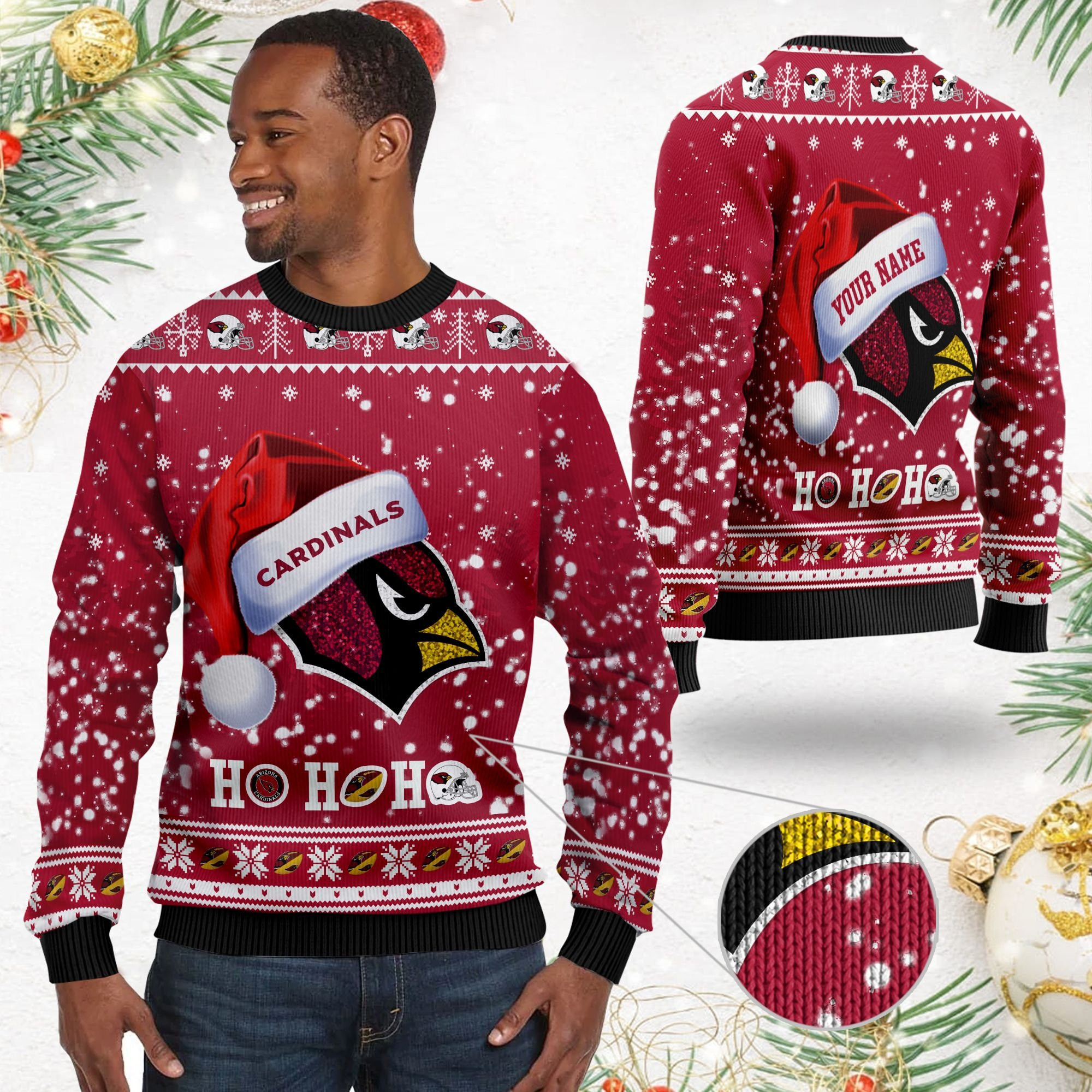 Arizona Cardinals Symbol Wearing Santa Claus Hat Ho Ho Ho Custom Personalized Ugly Christmas Sweater Adult 3D Funny Matching for family - Image 2