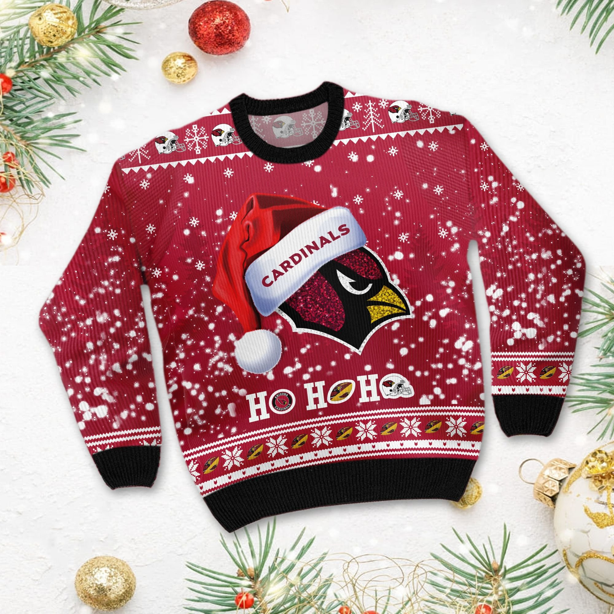 Arizona Cardinals Symbol Wearing Santa Claus Hat Ho Ho Ho Custom Personalized Ugly Christmas Sweater Adult 3D Funny Matching for family - Image 3