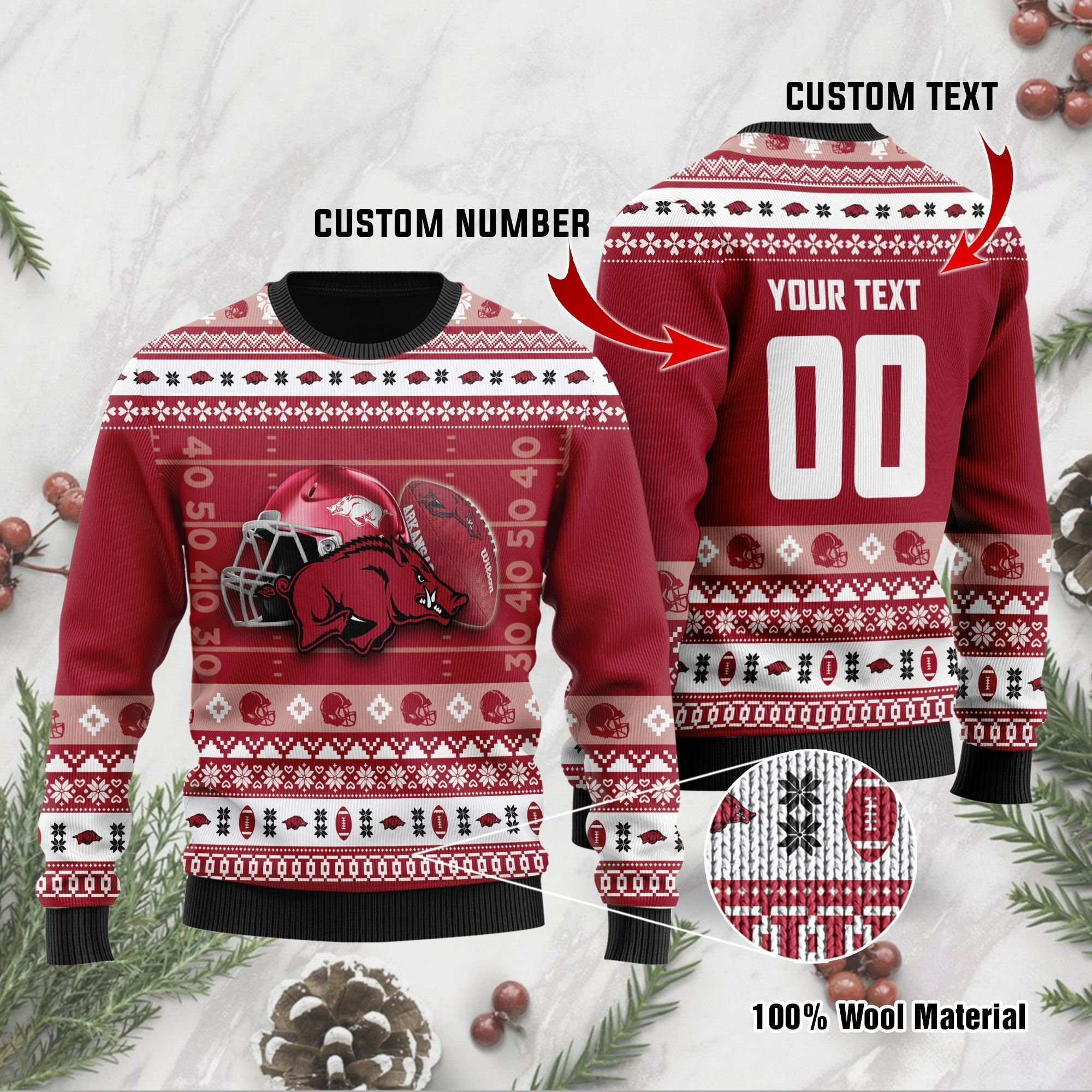 Arkansas Razorbacks Custom Name & Number Personalized Ugly Christmas Sweater Adult 3D Funny Matching for family