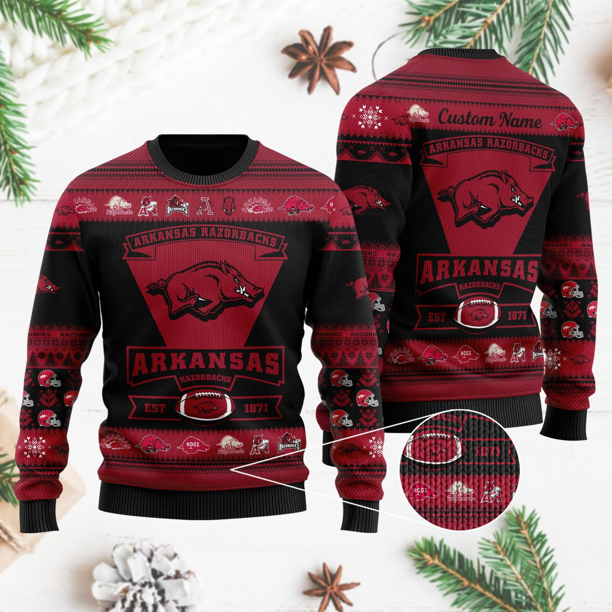Arkansas Razorbacks Football Team Logo Personalized Ugly Christmas Sweater Adult 3D Funny Matching for family