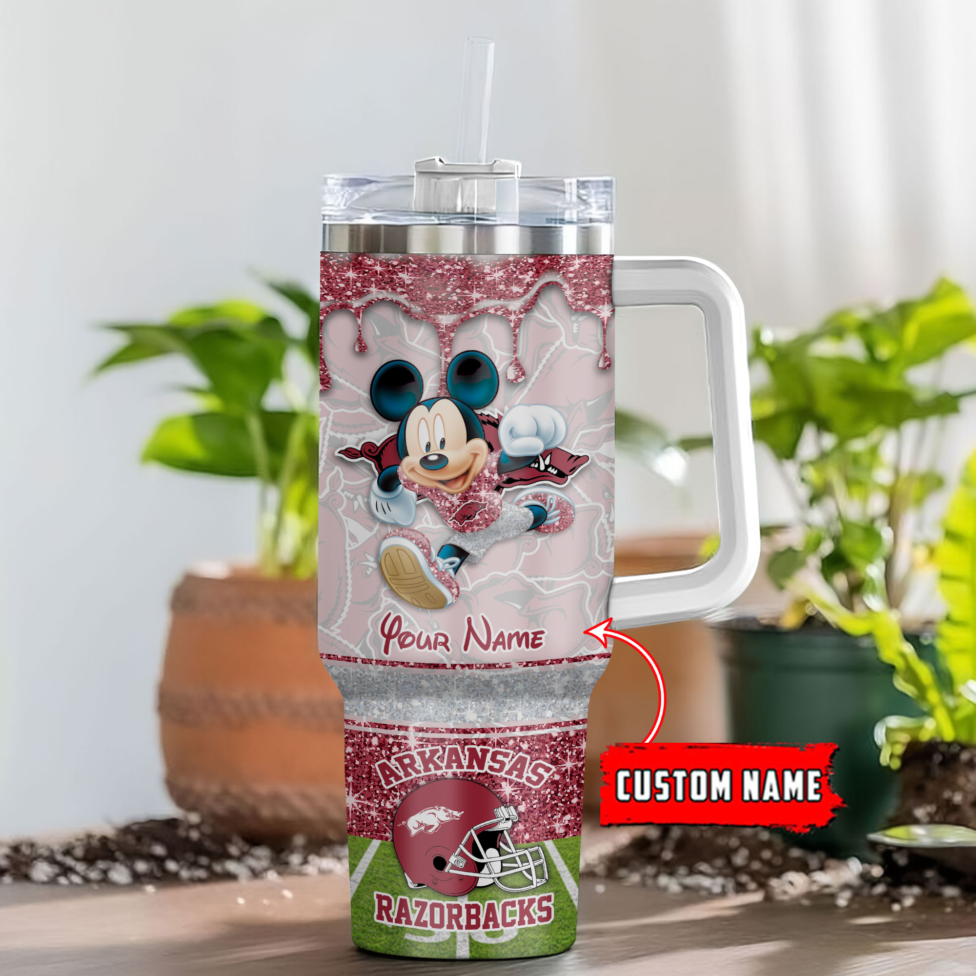 Arkansas Razorbacks NCAA Mickey Mouse Glitter Custom Stanley Cup 40 oz 30 oz Tumbler With HandleTVC230123