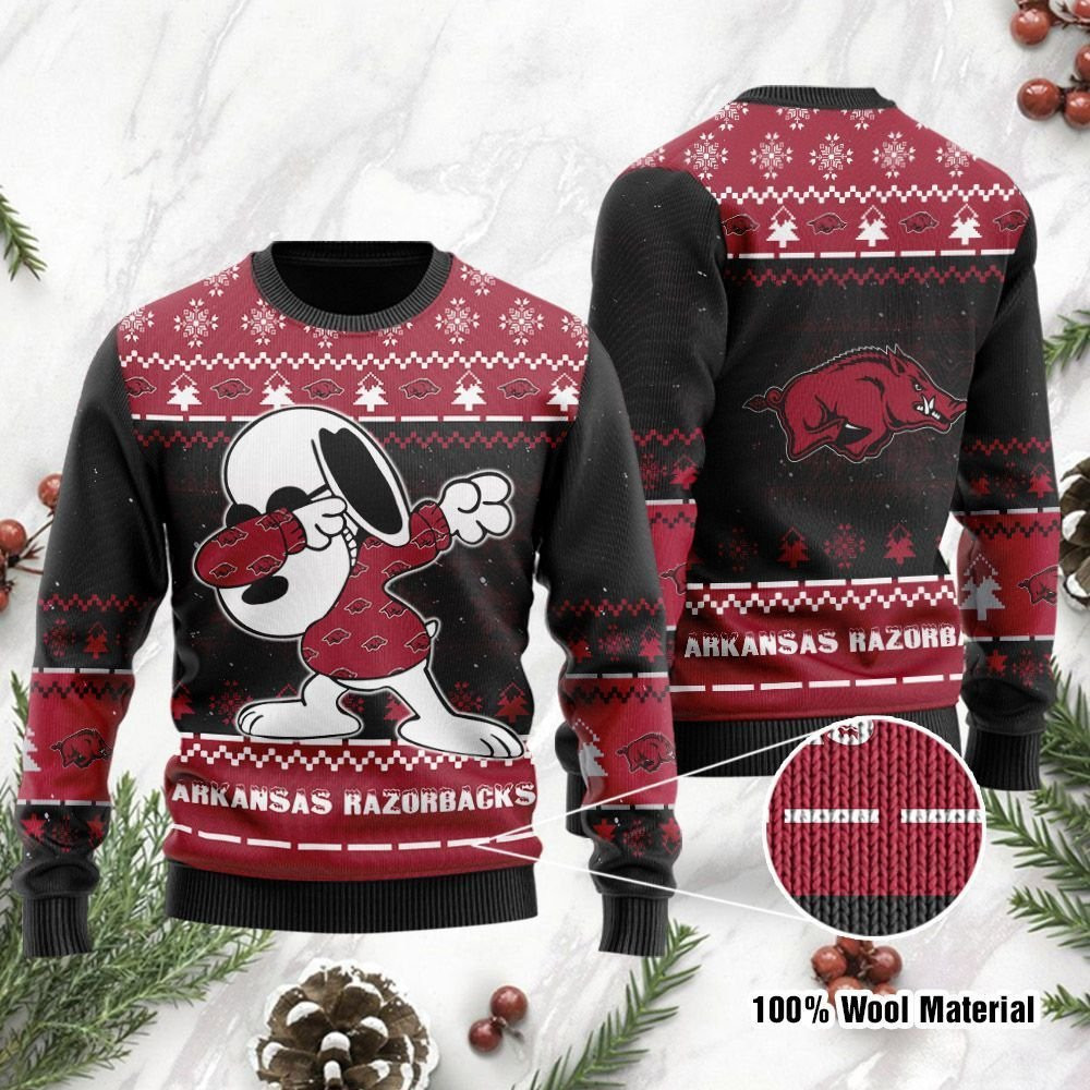Arkansas Razorbacks Snoopy Dabbing Ugly Christmas Sweater Adult 3D Funny Matching for family