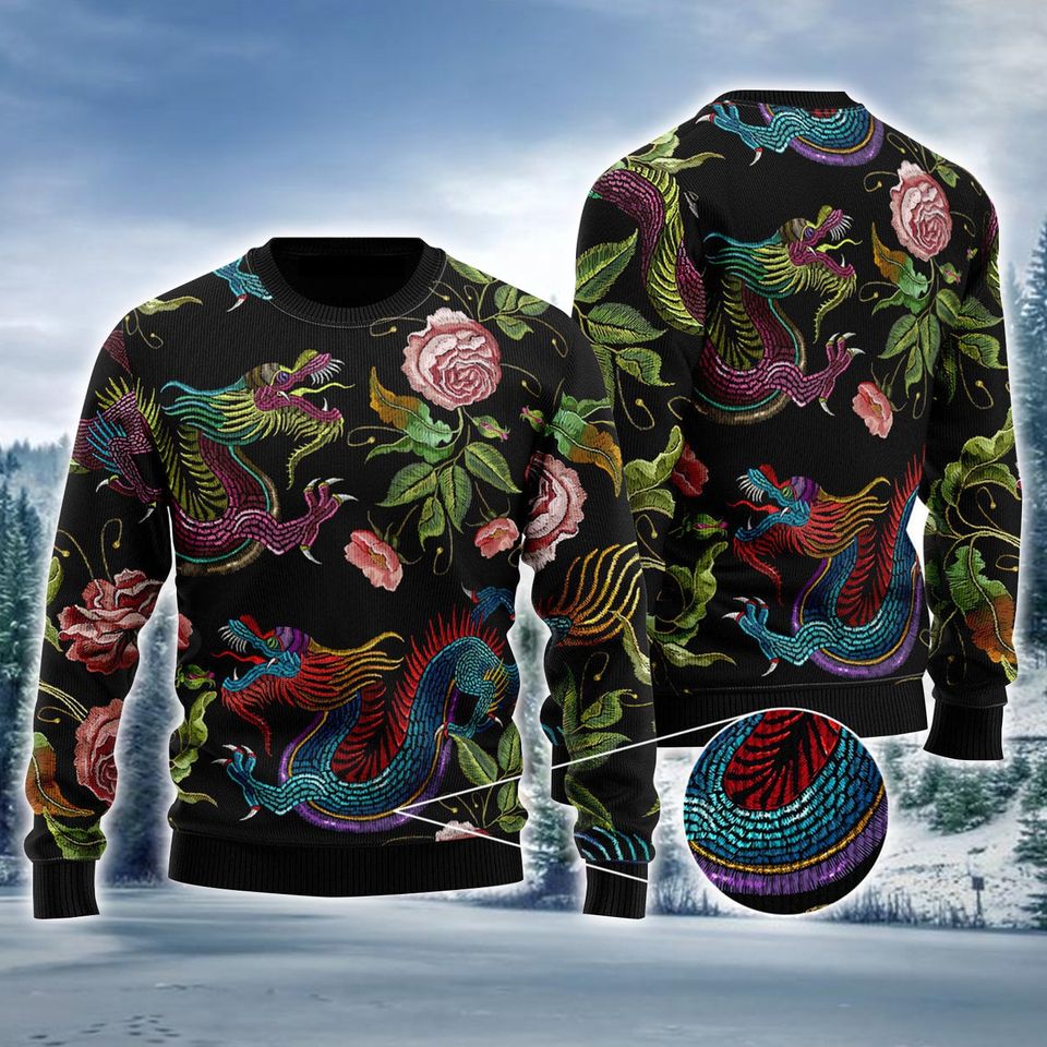 Asian Dragons Ugly Sweater, Dragons Flower Pattern Pullover Ugly Sweater