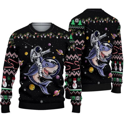 Astronauts Ride A Shark Ugly Christmas 3D Sweater - Image 2