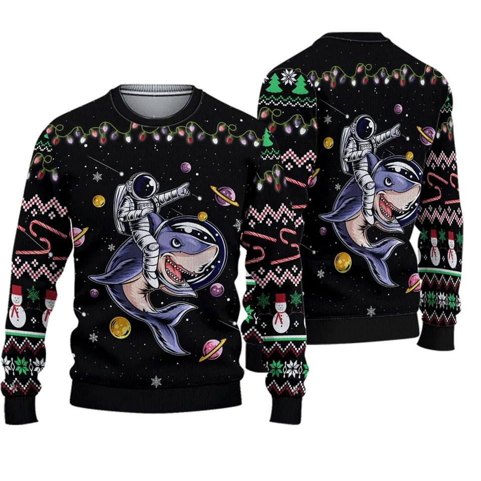 Astronauts Ride A Shark Ugly Christmas 3D Sweater