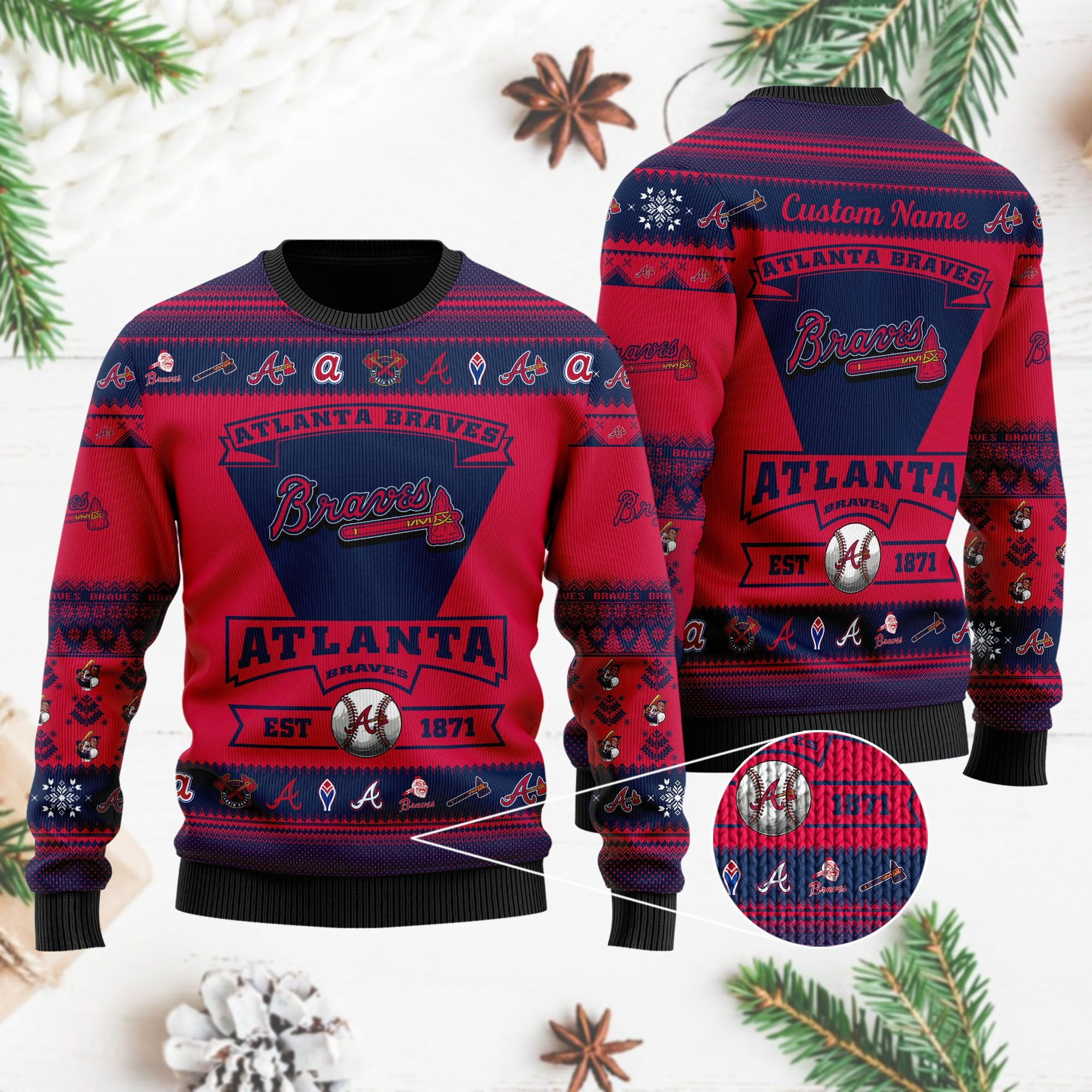 Atlanta Braves Football Team Logo Custom Name Personalized Ugly Christmas Sweater Adult 3D Funny Matching for family - Image 4