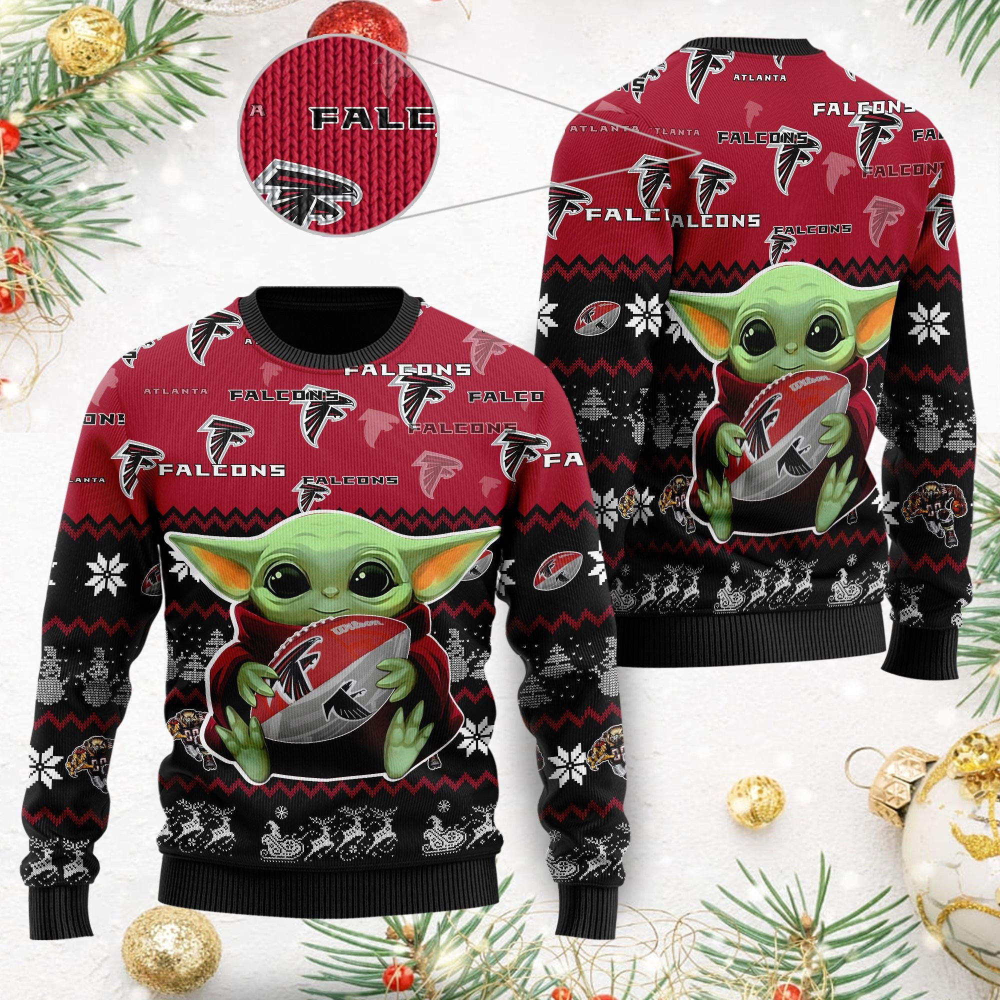 Atlanta Falcons Baby Yoda Shirt For American Football Fans Ugly Christmas Sweater Adult 3D Funny Matching for family