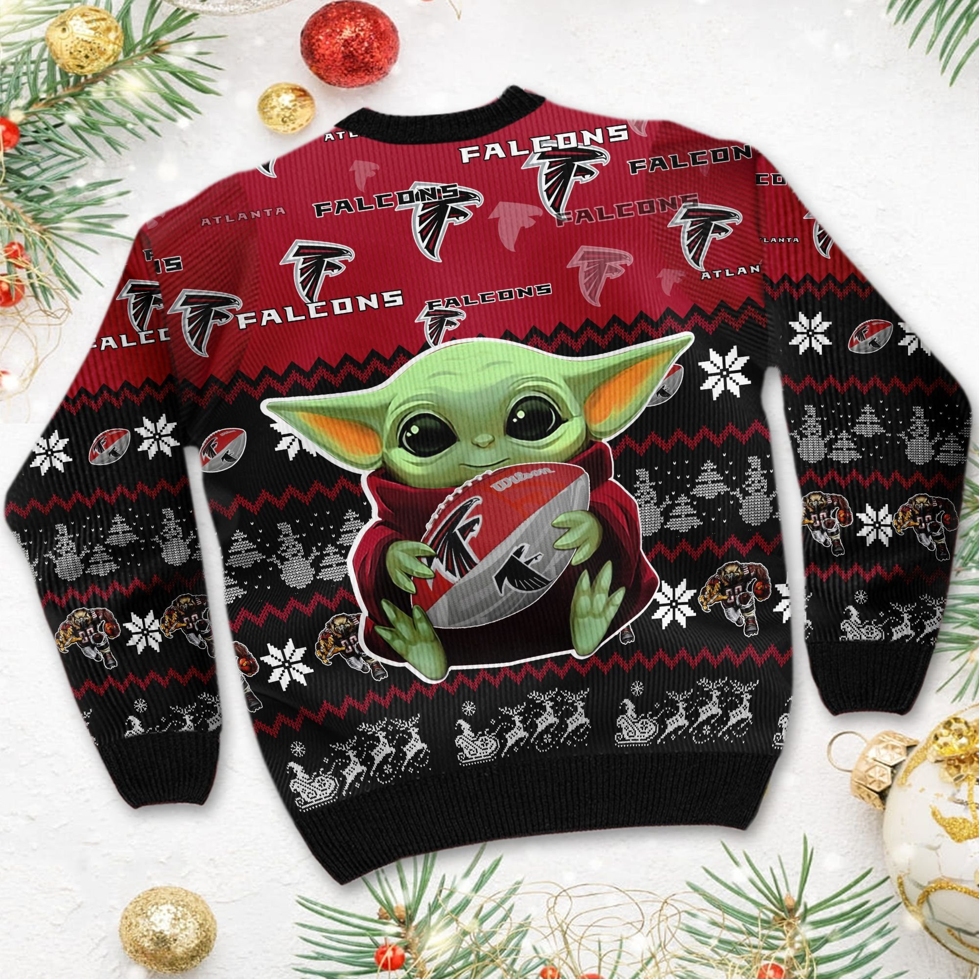 Atlanta Falcons Baby Yoda Ugly Christmas Sweater Adult 3D Funny Matching for family - Image 4