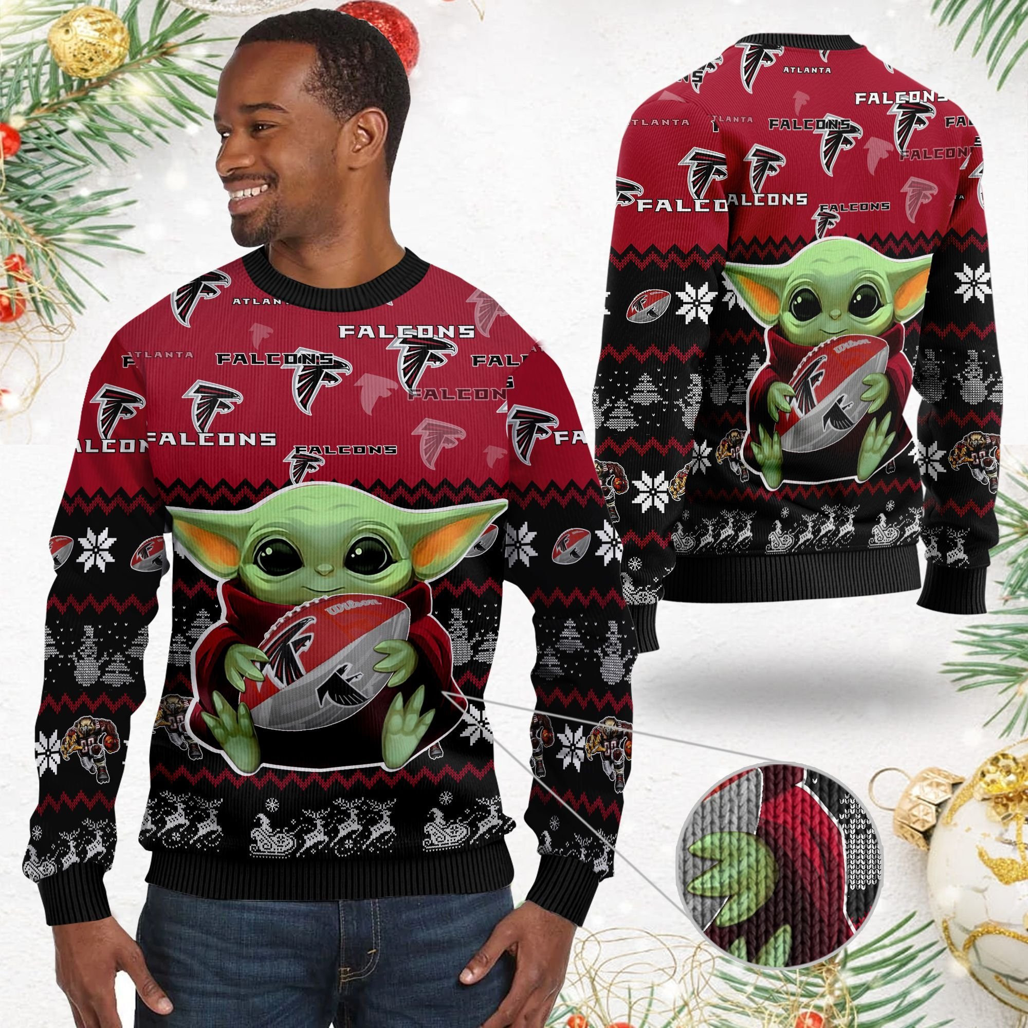 Atlanta Falcons Baby Yoda Ugly Christmas Sweater Adult 3D Funny Matching for family - Image 2