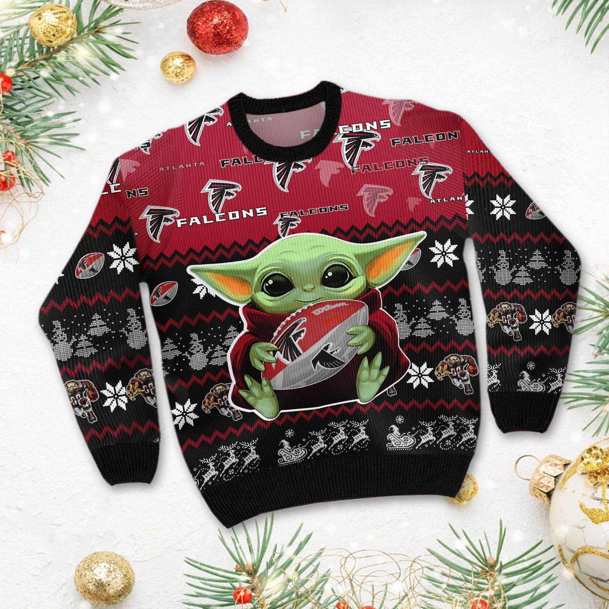 Atlanta Falcons Baby Yoda Ugly Christmas Sweater Adult 3D Funny Matching for family - Image 3
