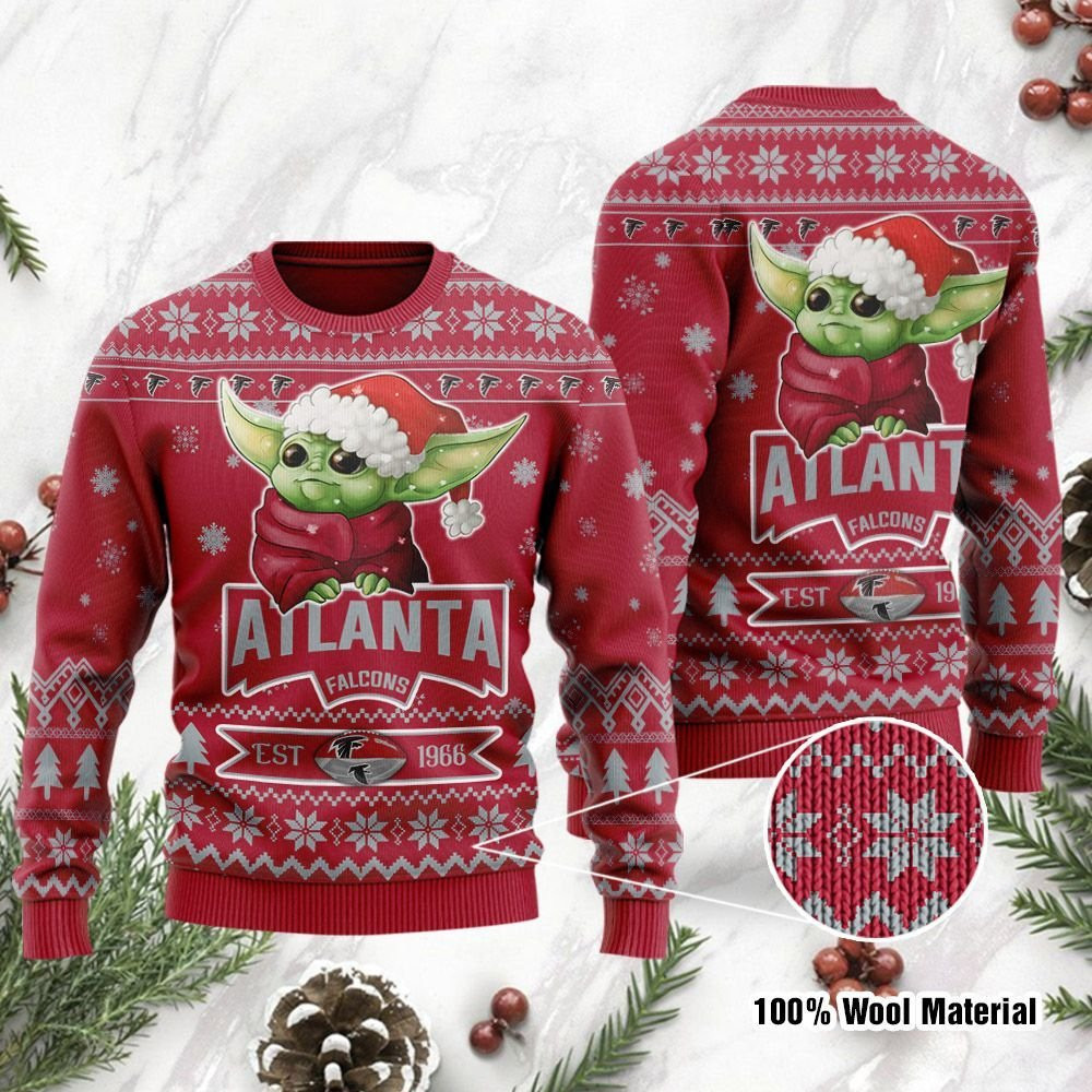 Atlanta Falcons Cute Baby Yoda Grogu Holiday Party Ugly Christmas Sweater Adult 3D Funny Matching for family