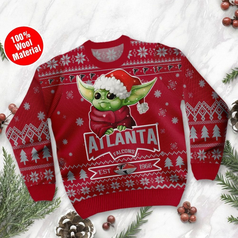 Atlanta Falcons Cute Baby Yoda Grogu Ugly Christmas Sweater Adult 3D Funny Matching for family