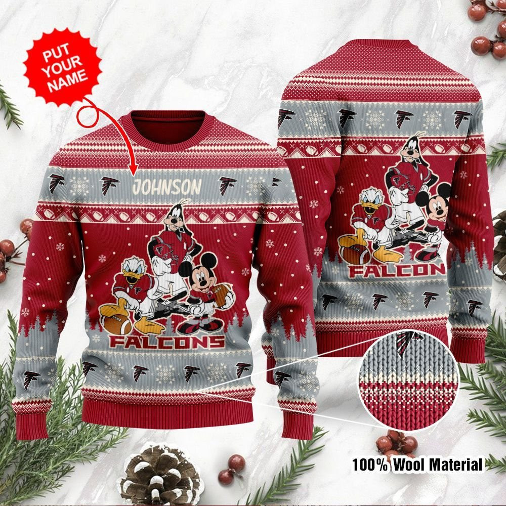 Atlanta Falcons Disney Donald Duck Mickey Mouse Goofy Personalized Ugly Christmas Sweater Adult 3D Funny Matching for family