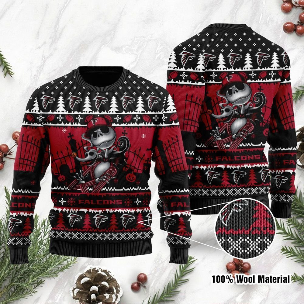 Atlanta Falcons Jack Skellington Halloween Ugly Christmas Sweater Adult 3D Funny Matching for family