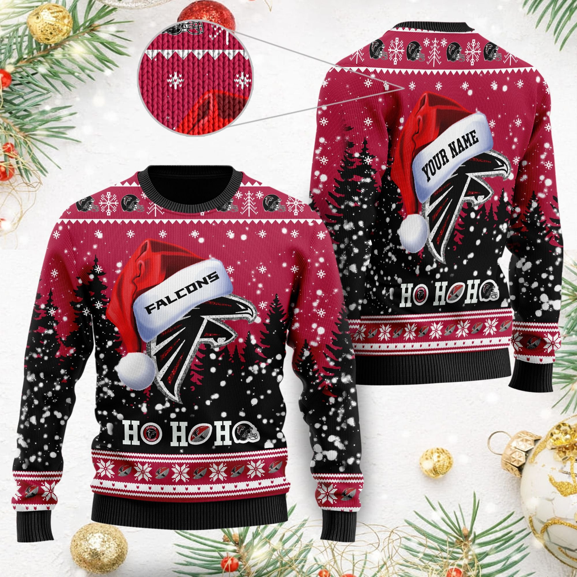 Atlanta Falcons Symbol Wearing Santa Claus Hat Ho Ho Ho Custom Personalized Ugly Christmas Sweater Adult 3D Funny Matching for family