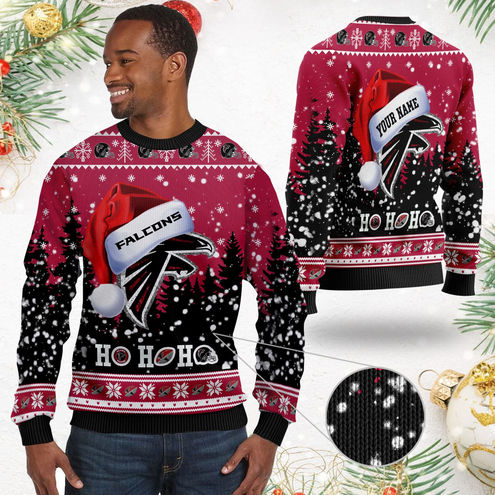 Atlanta Falcons Symbol Wearing Santa Claus Hat Ho Ho Ho Custom Personalized Ugly Christmas Sweater Adult 3D Funny Matching for family - Image 2