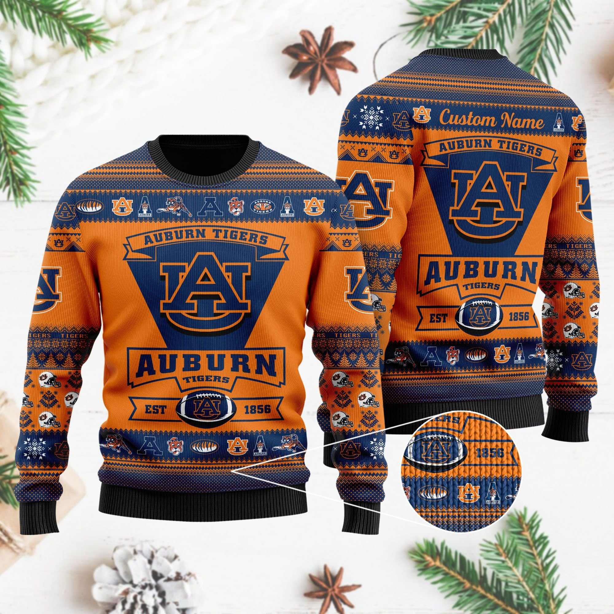 Auburn Tigers Football Team Logo Custom Name Personalized Ugly Christmas Sweater Adult 3D Funny Matching for family