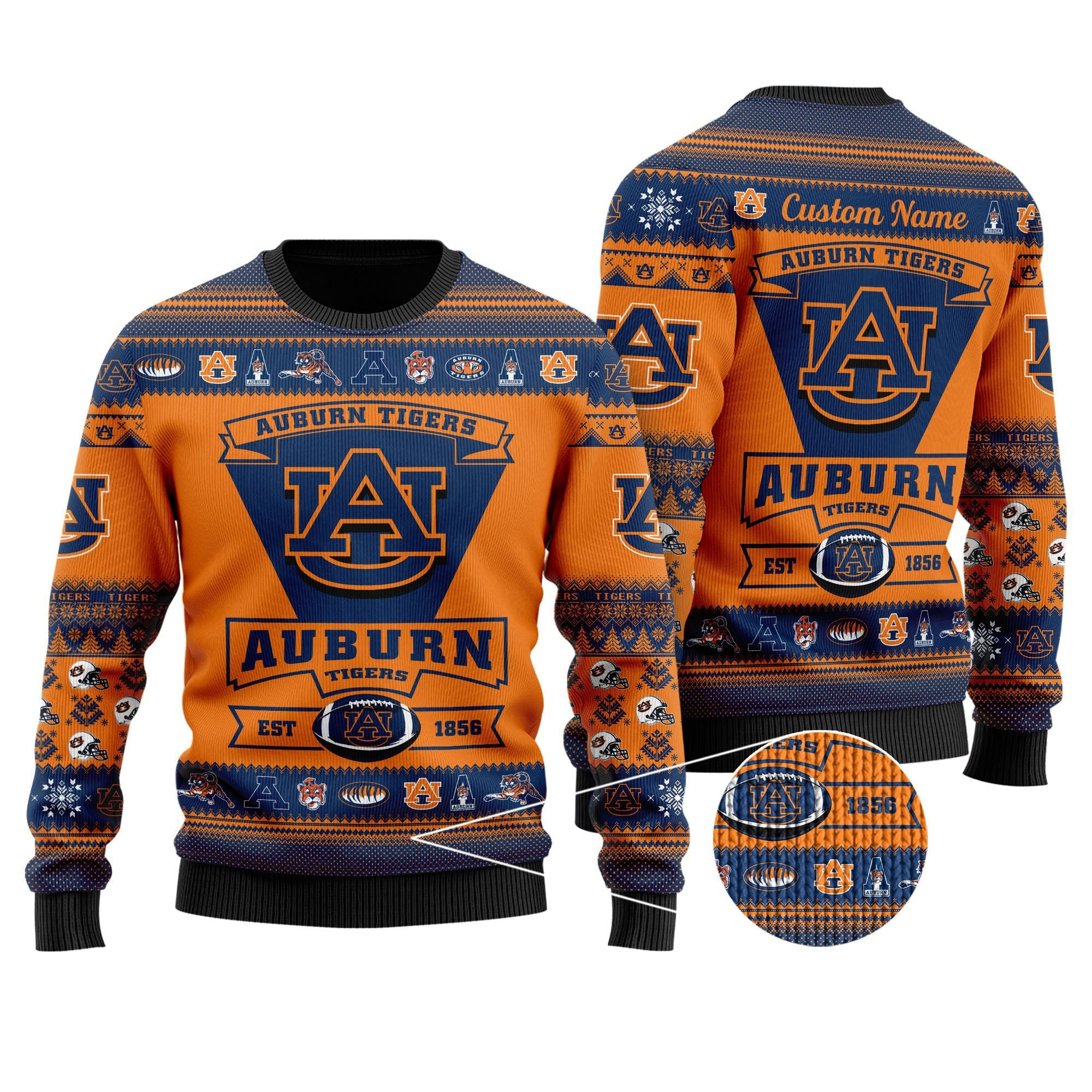 Auburn Tigers Football Team Logo Custom Name Personalized Ugly Christmas Sweater Adult 3D Funny Matching for family - Image 2