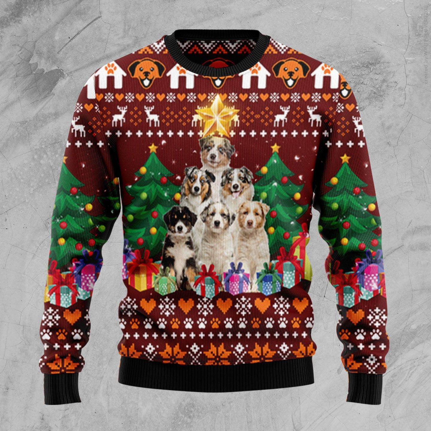 Australian Shepherd Pine Tree Ugly Christmas Sweater Adult 3D Funny Matching for family