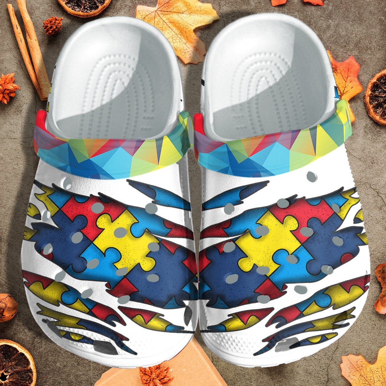 Autism Puzzel Tear Style Shoes Vintage - Autism Awareness White Shoes Croc Clogs Gifts For Son