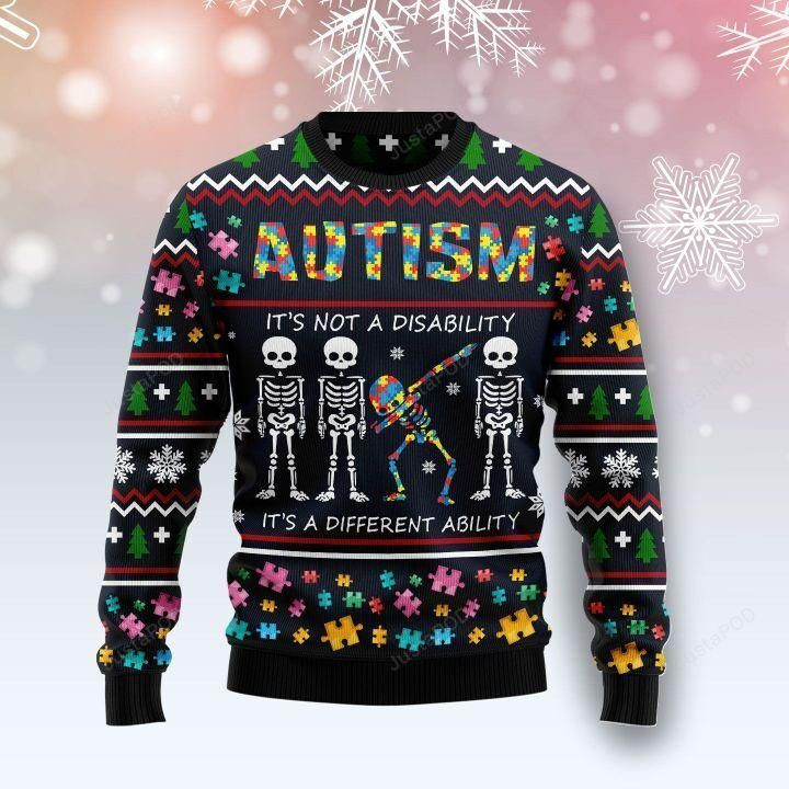 Autism Skeleton It'S Not A Disability, It'S A Different Ability Ugly Christmas Sweater Adult 3D Funny Matching for family