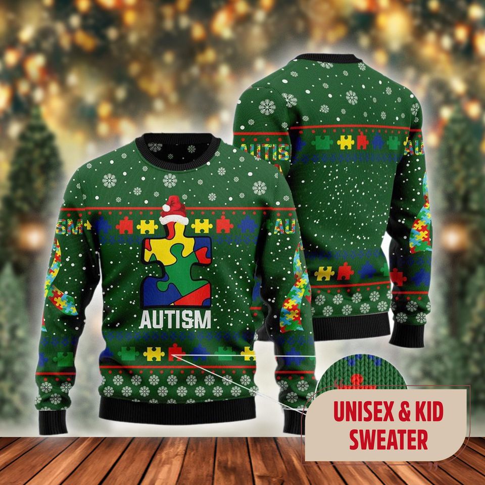 Autism Ugly Christmas Sweater, Funny Piece Santa Hat Xmas Sweatshirt