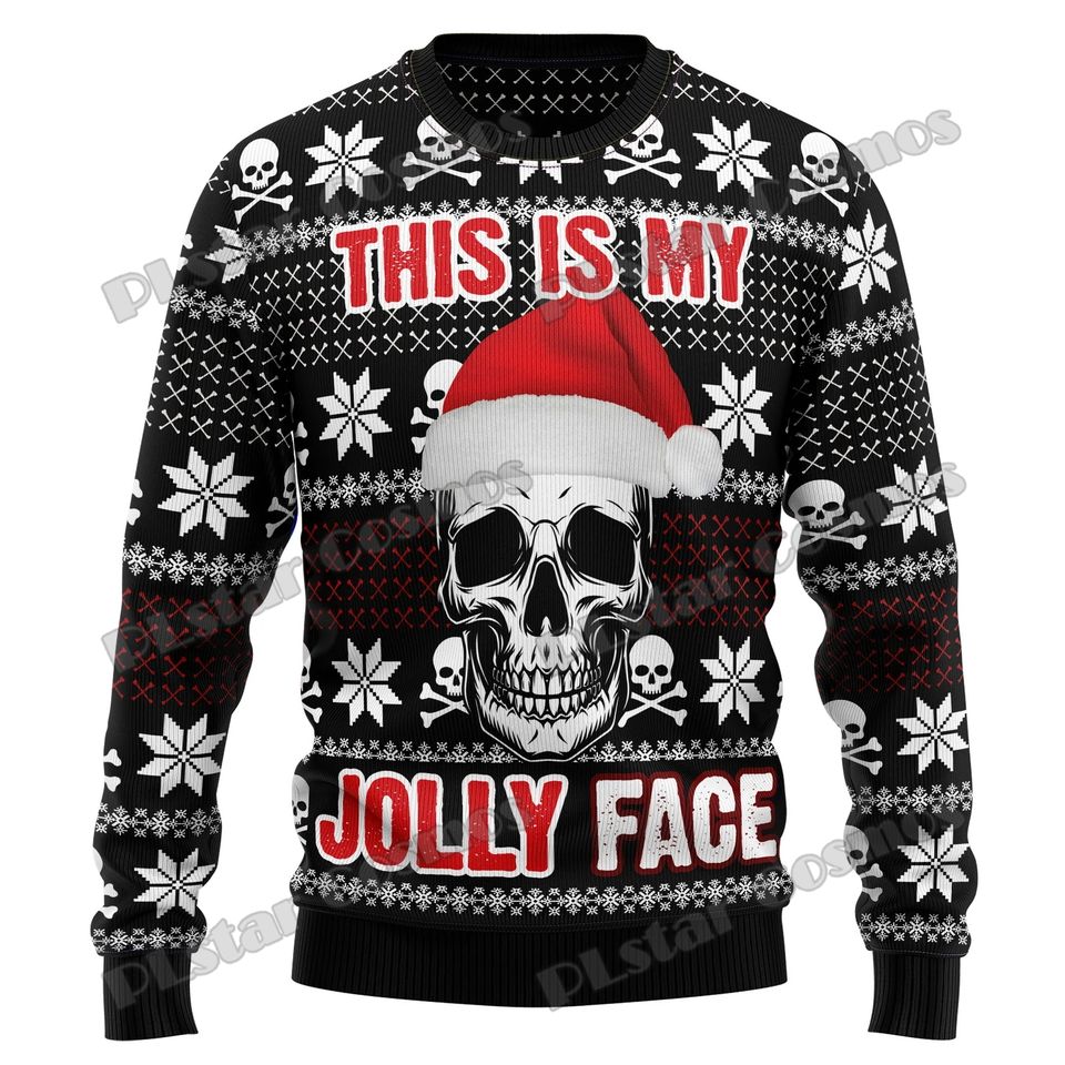 Autumn Winter Unisex Casual Knit Pullover Sweater Skull Pine Tree Christmas 3D Printed Men's Ugly Christmas Sweater KMY15