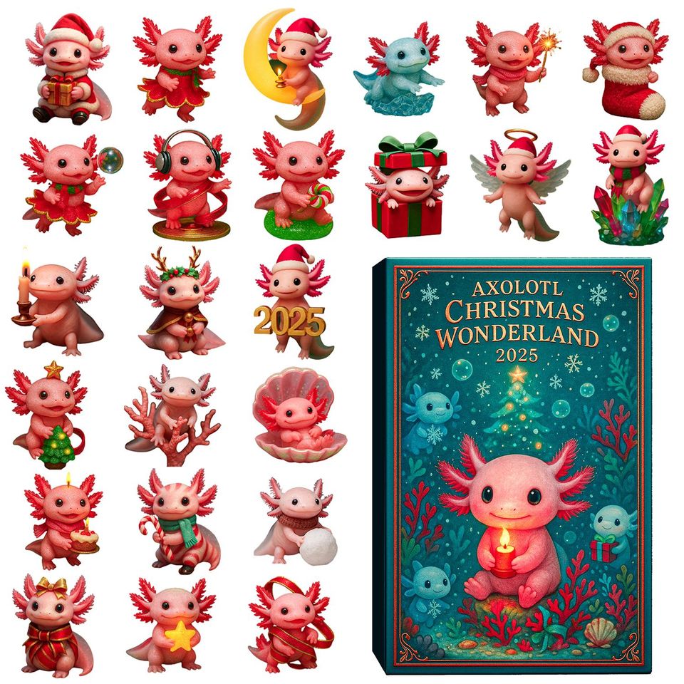 Axolotl Advent Calendar 2025, 24 Day Axolotl Figurines : Vintage Christmas Ornament Countdown