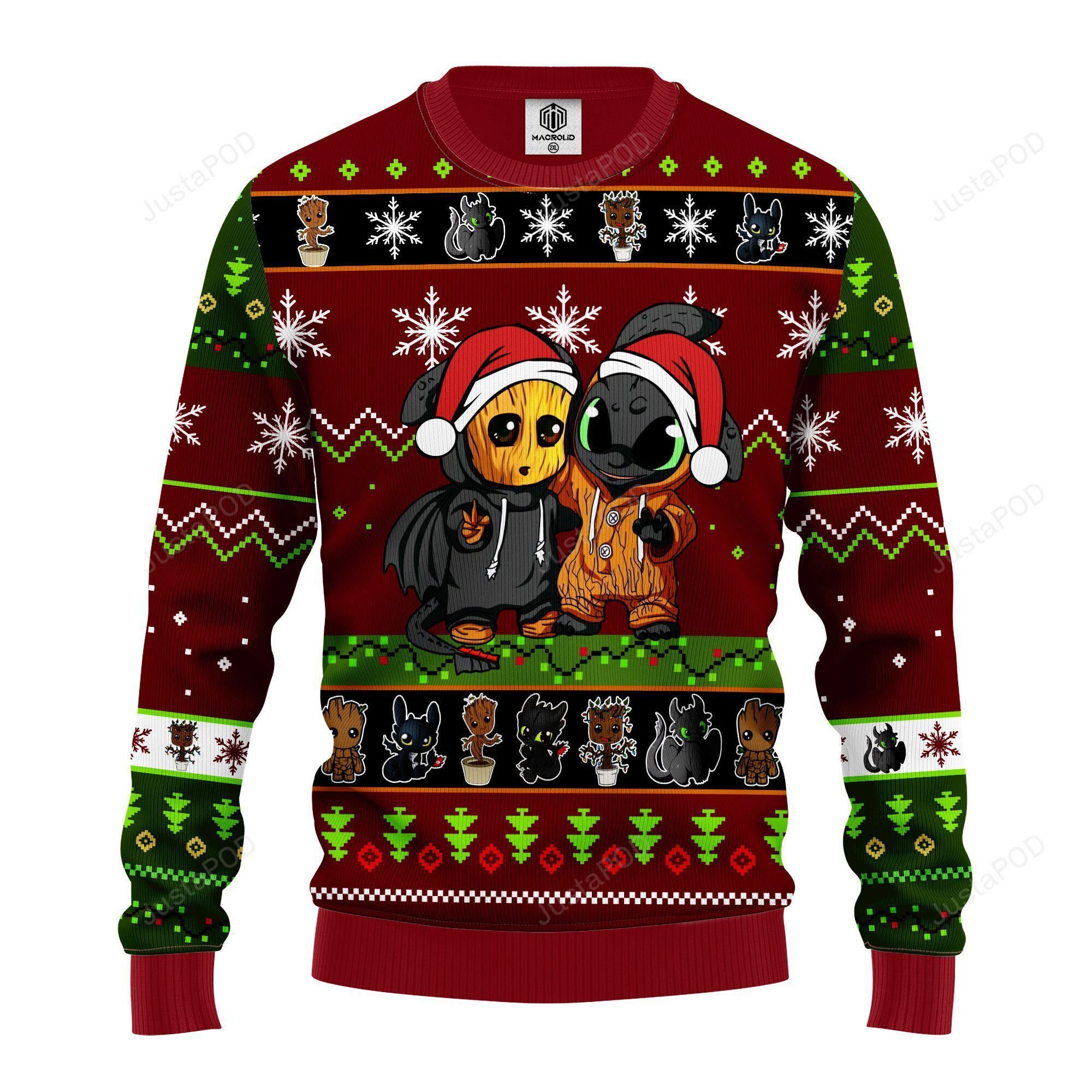 Baby Groot And Toothless Unicorn Christmas Sweater Brown Green, Ugly Christmas Sweater Adult 3D Funny Matching for family