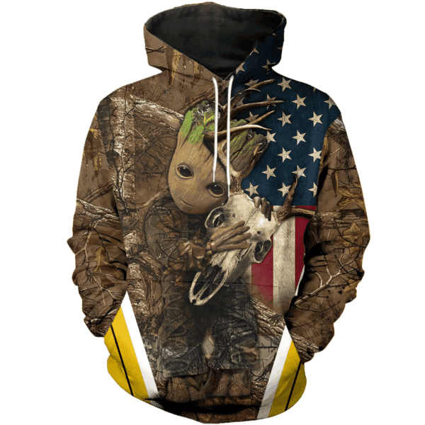 Baby Groot Skull Deer Camo American Flag Deer Hunting 3D All Over Print Hoodie, Zip Hoodie