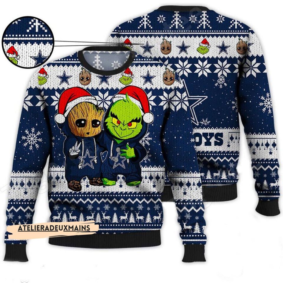 Baby Groott And Grin Ugly Sweater, Cowboy Gift Sweater Shirt, Christmas 3D Sweater