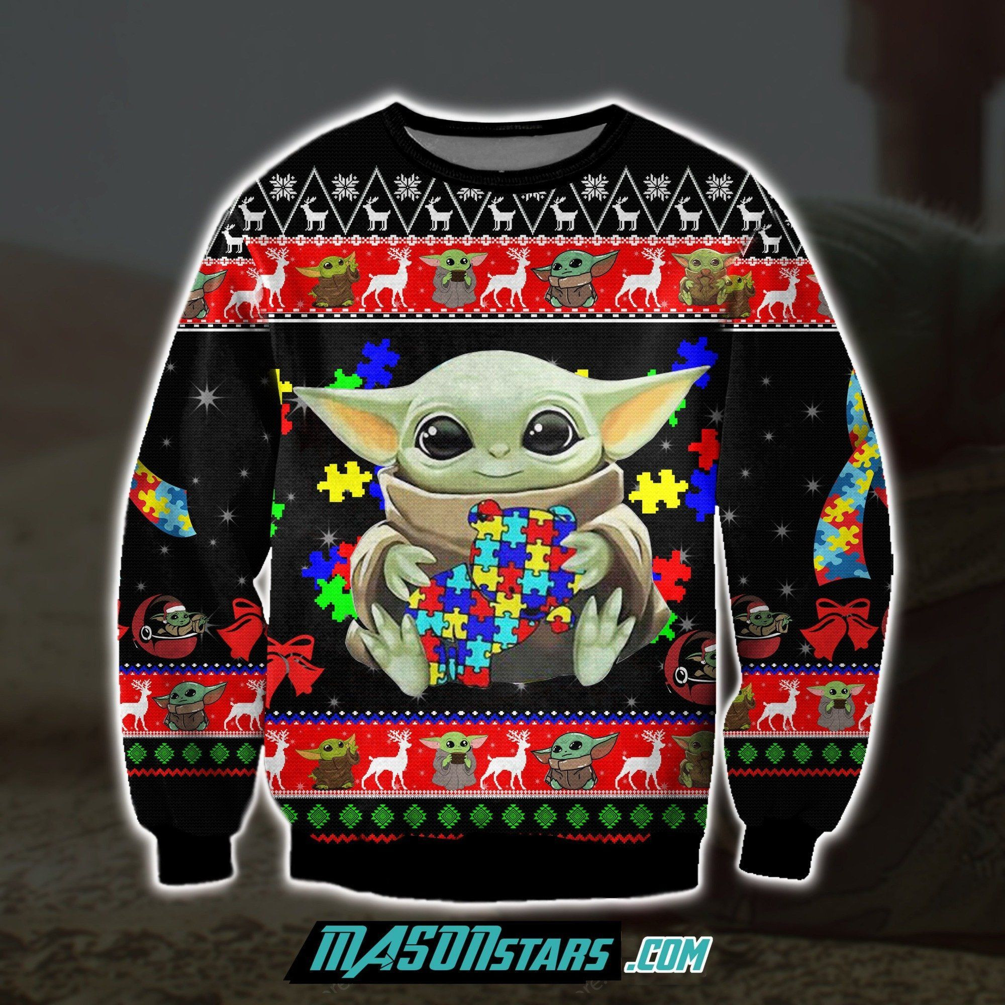 Baby Yoda And Autism Awareness Ugly Christmas Sweater Adult 3D Funny Matching for family