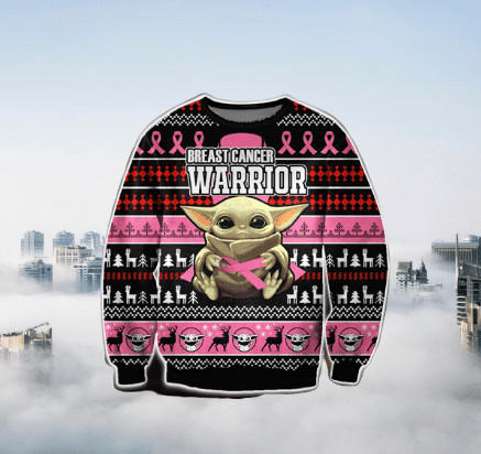 Baby Yoda Breast Cancer Ugly Christmas Sweater Adult 3D Funny Matching for family