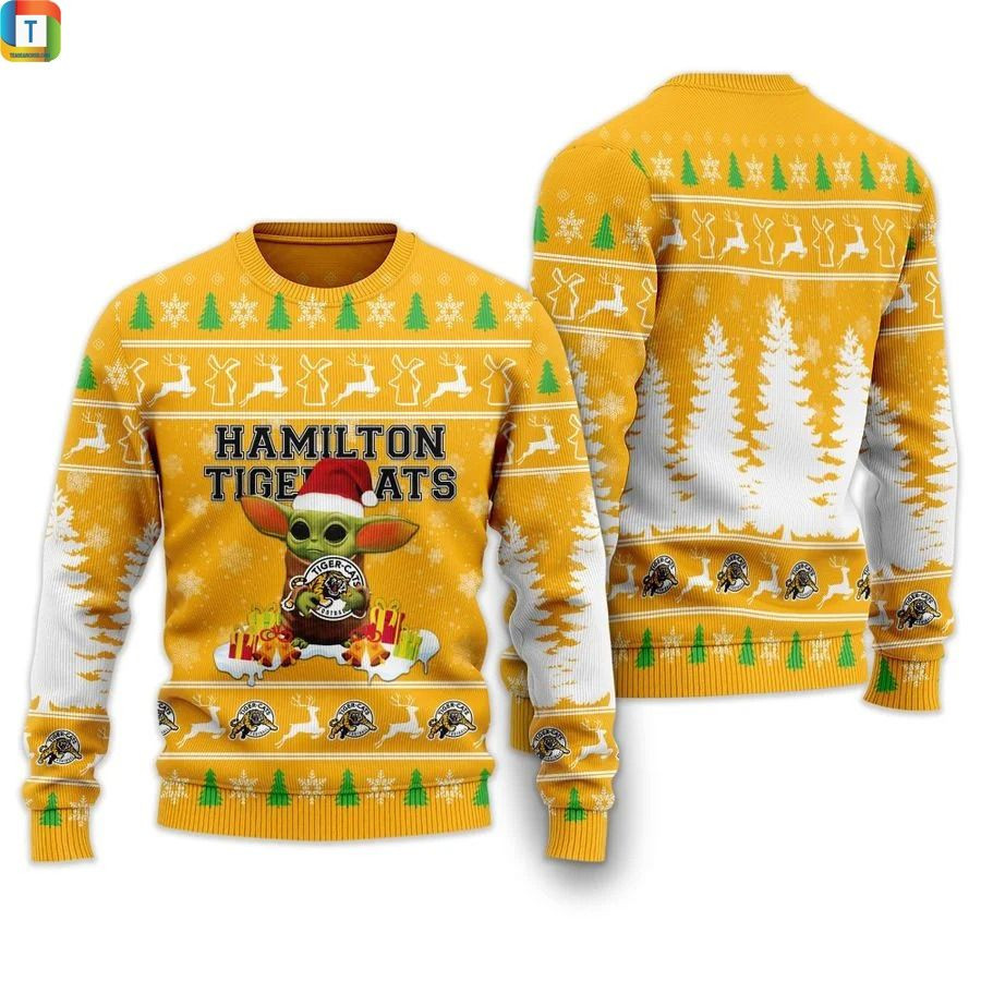 Baby Yoda Hamilton Tiger Cats Christmas Ugly Christmas Sweater Adult 3D Funny Matching for family