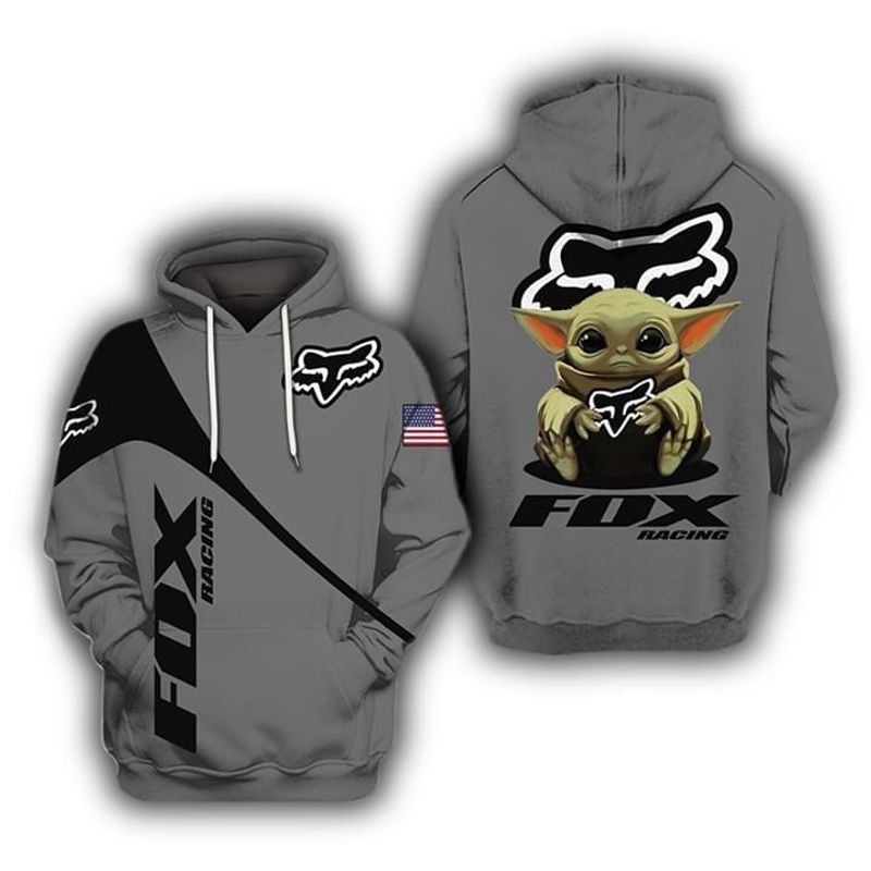 Baby Yoda Holding Fox Racing 3D All Over Print Hoodie, Zip Hoodie