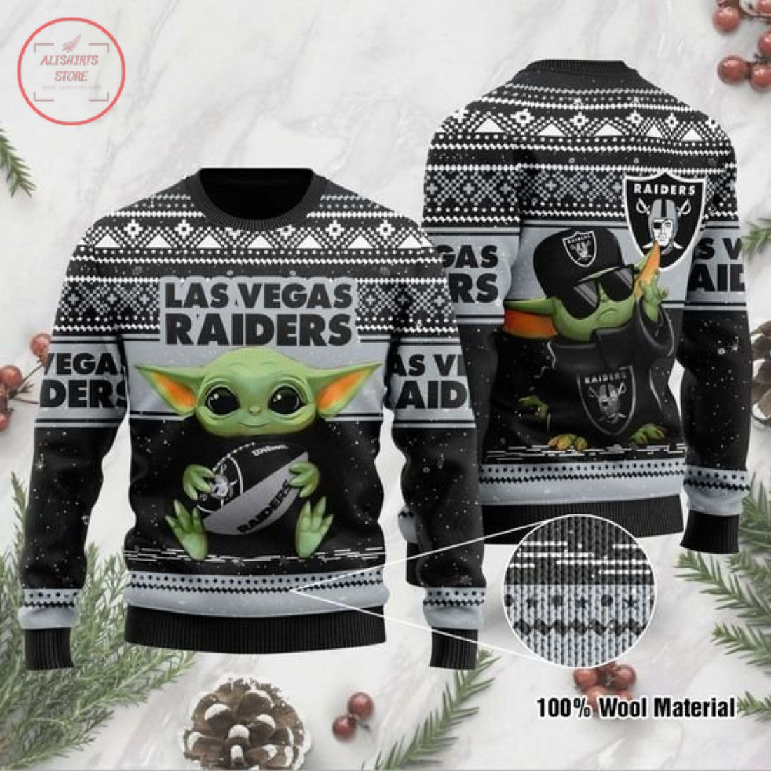 Baby Yoda Las Vegas Raiders Christmas For Fans Ugly Christmas Sweater Adult 3D Funny Matching for family