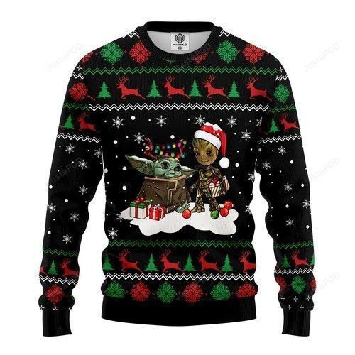 Baby Yoda Meet Baby Groot Christmas For Unisex Ugly Christmas Sweater Adult 3D Funny Matching for family