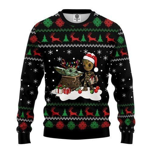 Baby Yoda Meet Baby Groot For Unisex Ugly Christmas Sweater Adult 3D Funny Matching for family