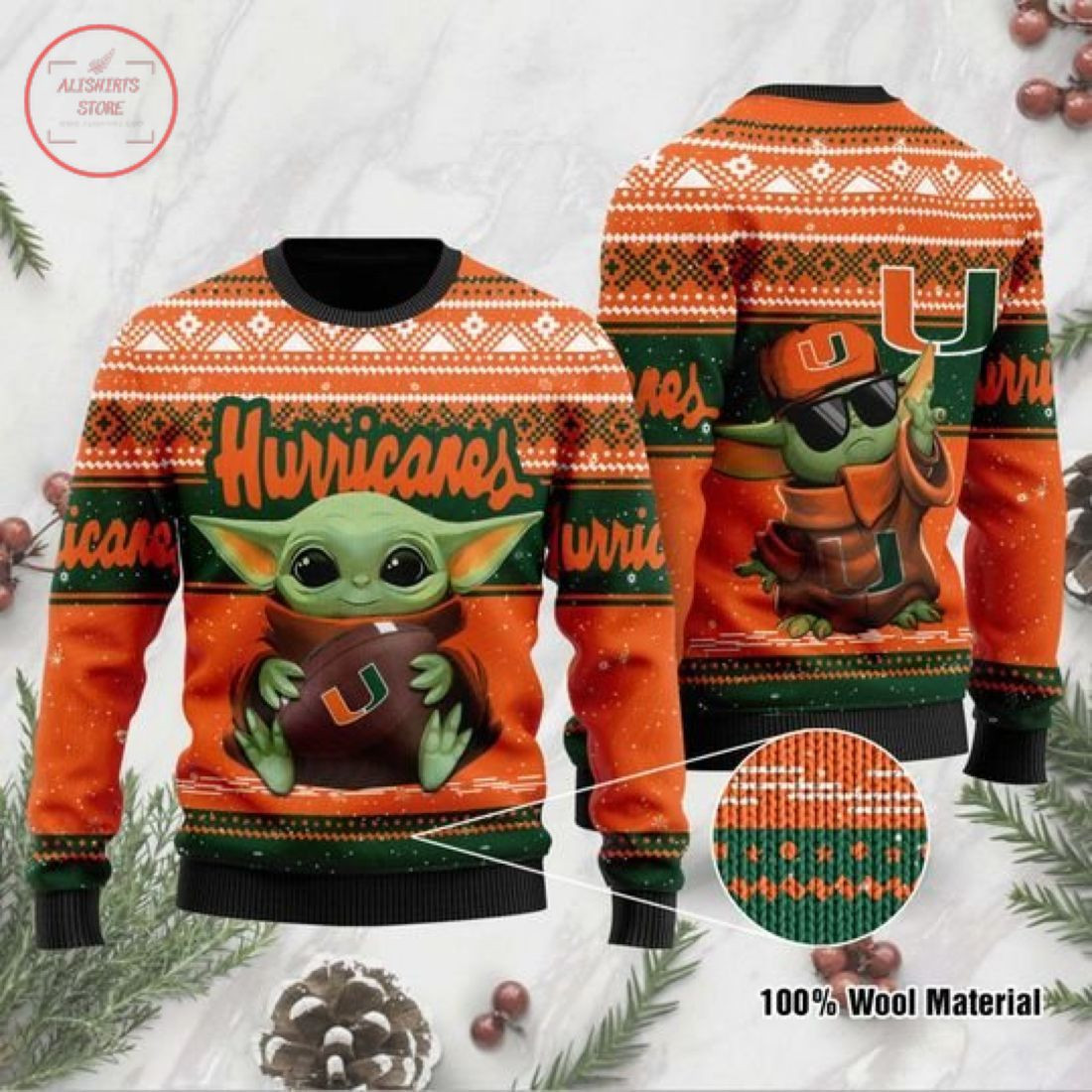 Baby Yoda Miami Hurricanes Christmas For Fans Ugly Christmas Sweater Adult 3D Funny Matching for family