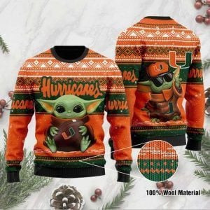 Baby Yoda Miami Hurricanes Ugly Christmas Sweater Adult 3D Funny Matching for family