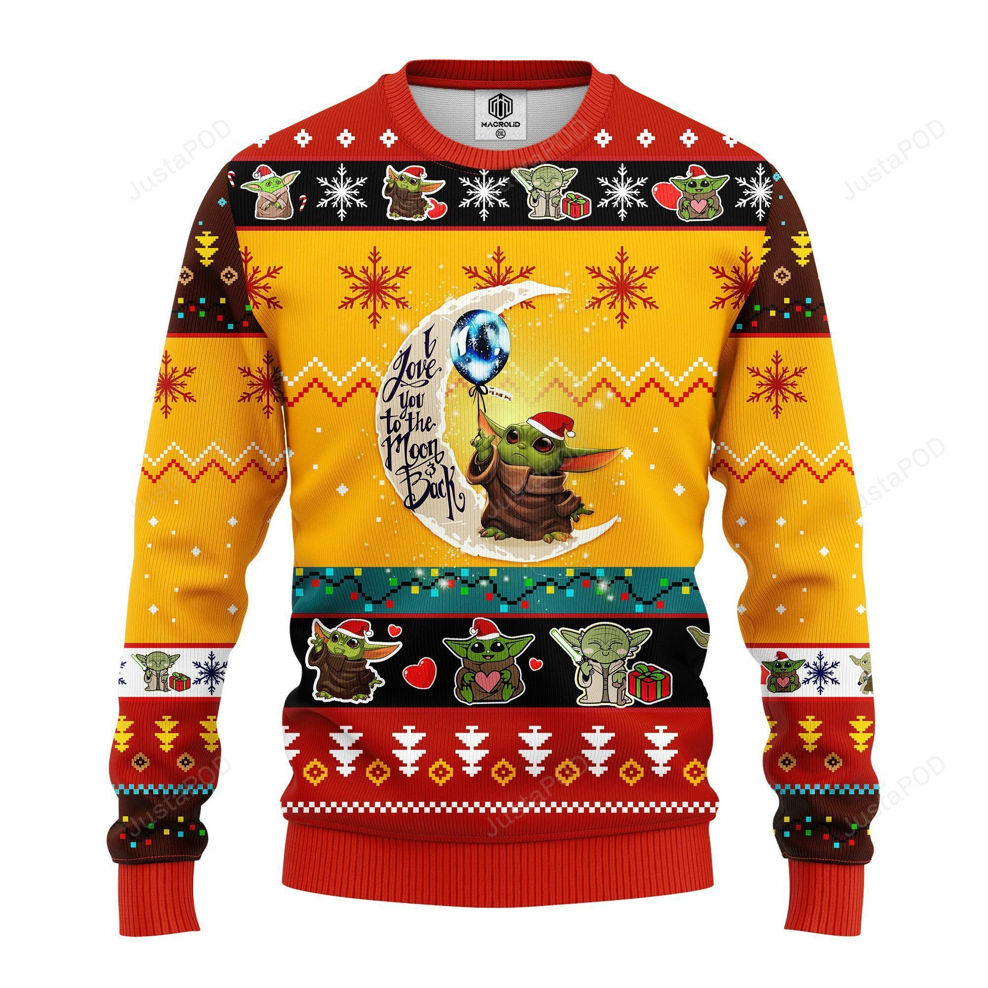 Baby Yoda Moon And Back Cute Ugly Christmas Sweater Adult 3D Funny Matching for family