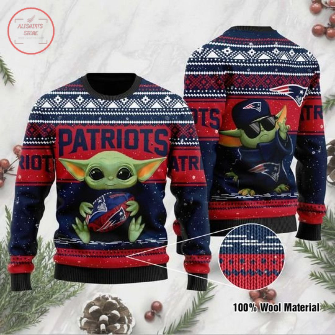 Baby Yoda New England Patriots Christmas For Fans Ugly Christmas Sweater Adult 3D Funny Matching for family