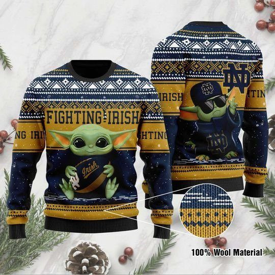 Baby Yoda Notre Dame Fighting Irish Ugly Christmas Sweater Adult 3D Funny Matching for family
