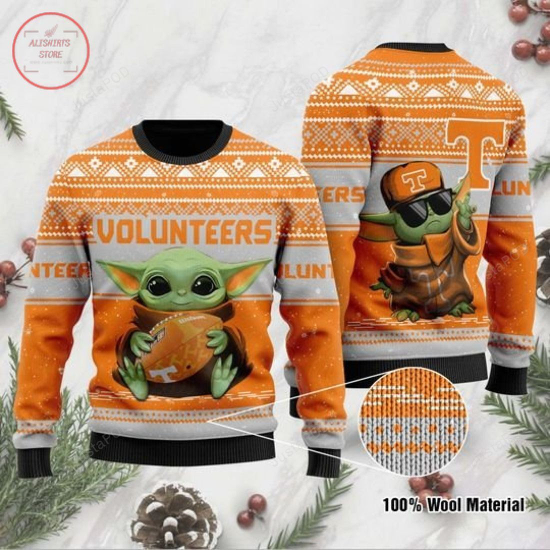 Baby Yoda Tennessee Volunteers Christmas For Yoda Lovers Ugly Christmas Sweater Adult 3D Funny Matching for family